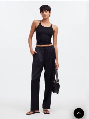 Madewell Black Satin Wide-Leg Pull-On Pants Pintuck